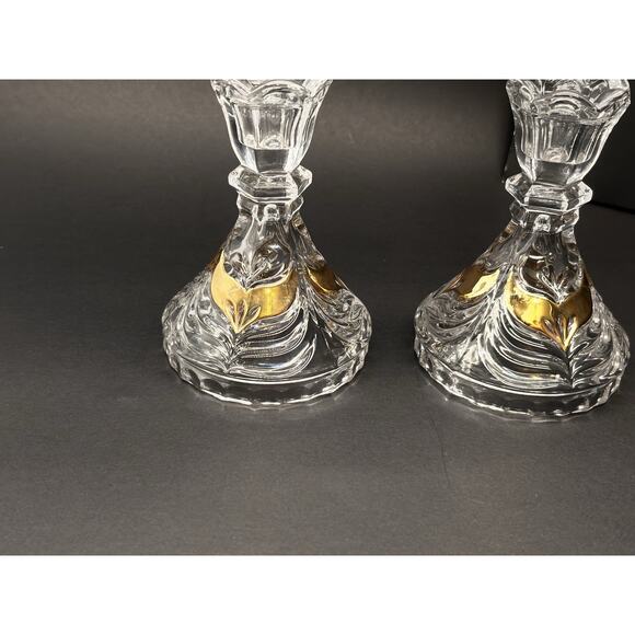 Vintage Set Lead Crystal CANDLE HOLDERS Gold Wing Design Anna Hutte Bleikristall - Picture 8 of 16